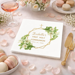 First Holy Communion Floral Lilies Gold Cross Napkins