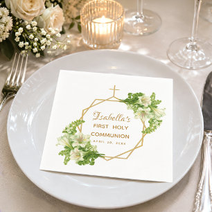 First Holy Communion Floral Lilies Gold Cross Napkins