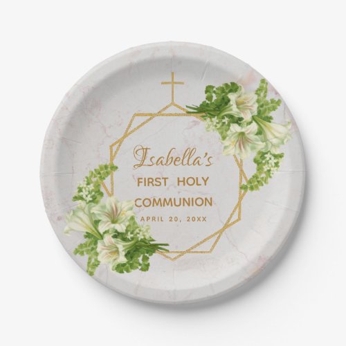 First Holy Communion Floral Lilies Gold Marble Paper Plates