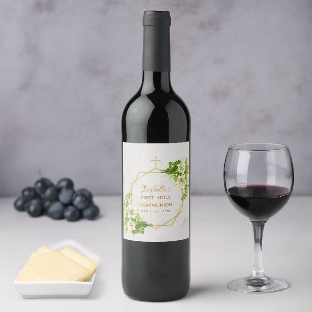 First Holy Communion Floral Lilies Gold Marble Wine Label (Creator Uploaded)