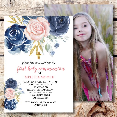 First Holy Communion Floral Navy Blue Pink Invitation