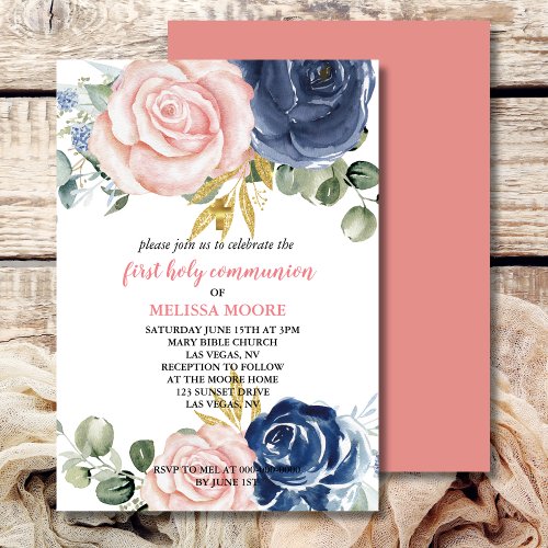 First Holy Communion Floral Navy Blue Pink Invitation
