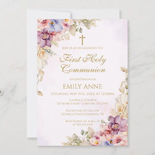 First Holy Communion Floral Orchids Invitation