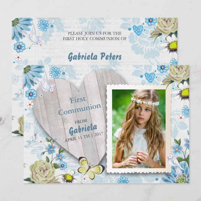 First Holy Communion Floral | Photo Invitations (Front/Back)