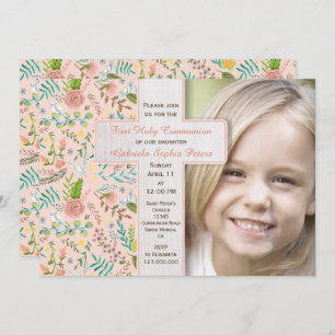 First Holy Communion Floral Photo Invitations