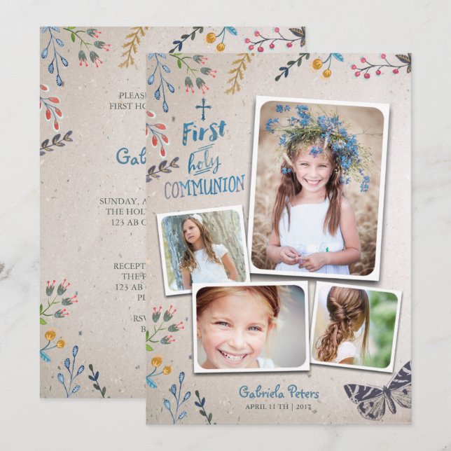 First Holy Communion Floral | Photo Invitations (Front/Back)