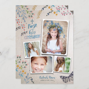First Holy Communion Floral Photo Invitations