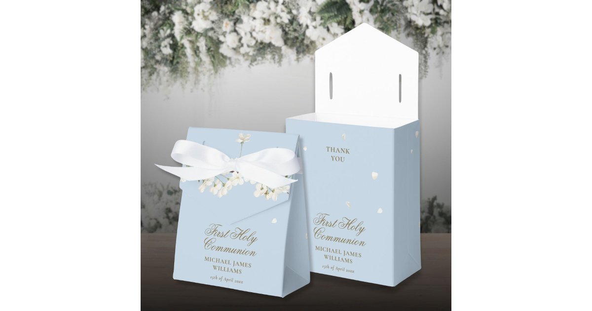 First Holy Communion Floral White Blossom Blue Favor Boxes | Zazzle