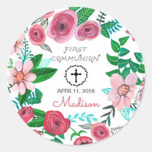 First Holy Communion Flower Round Sticker