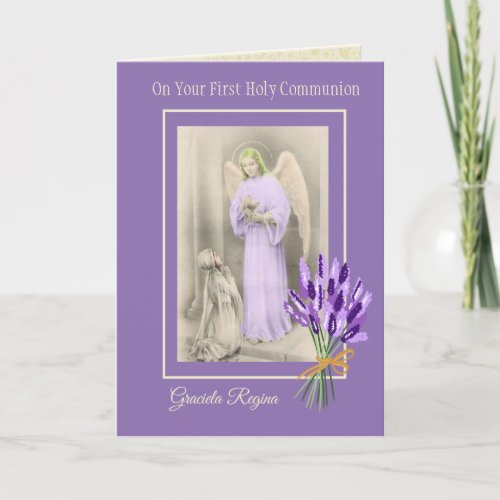 First Holy Communion Girl Angel Lavender Flowers Card