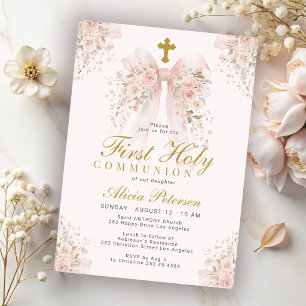 First Holy Communion girl blush pink bow floral Invitation