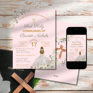 First Holy Communion Girl Blush Pink Chalice  Invitation