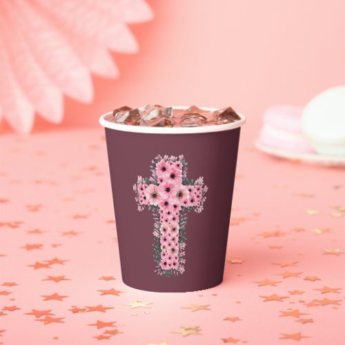 First Holy Communion Girl Chic Pink Flower Cross Paper Cups