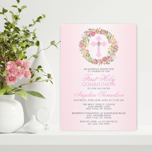 First Holy Communion Girl Floral Cross  Invitation