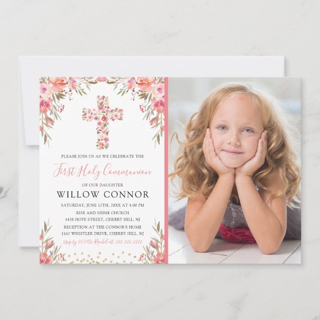 First Holy Communion Girl Floral Cross Photo Invitation (Front)