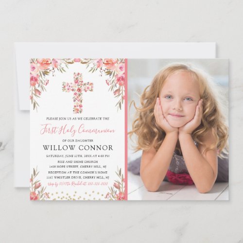 First Holy Communion Girl Floral Cross Photo Invitation