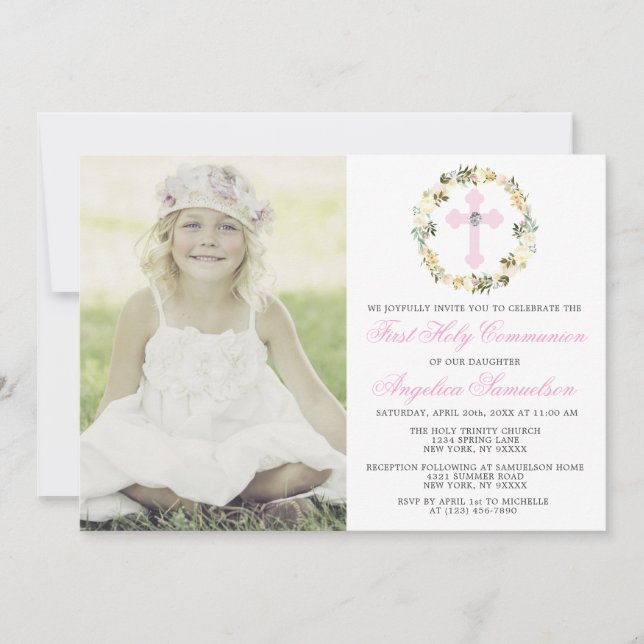 First Holy Communion Girl Floral Cross PHOTO Invitation (Front)