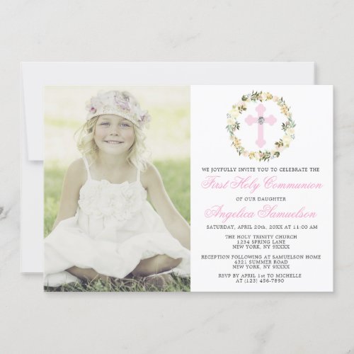 First Holy Communion Girl Floral Cross PHOTO Invitation