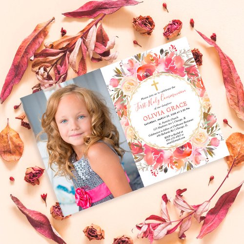 First Holy Communion Girl Floral pink color photo Invitation