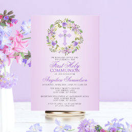 First Holy Communion Girl Floral Purple Lavender Invitation