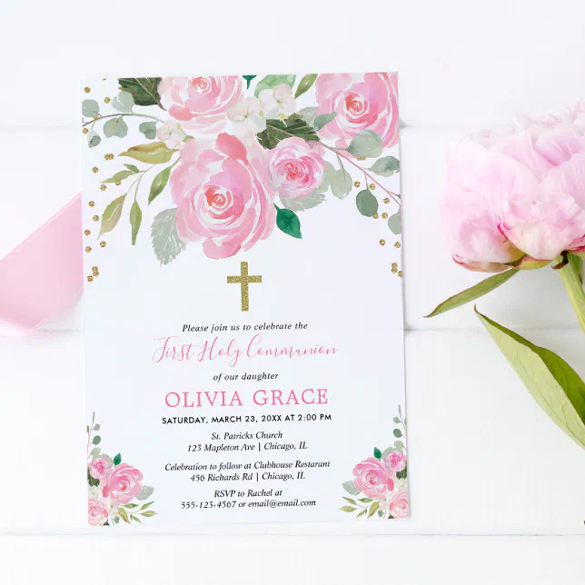 First Holy Communion girl floral watercolors pink Invitation | Zazzle