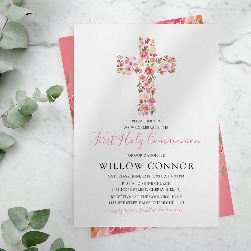 First Holy Communion Girl Pink Floral Cross Invitation
