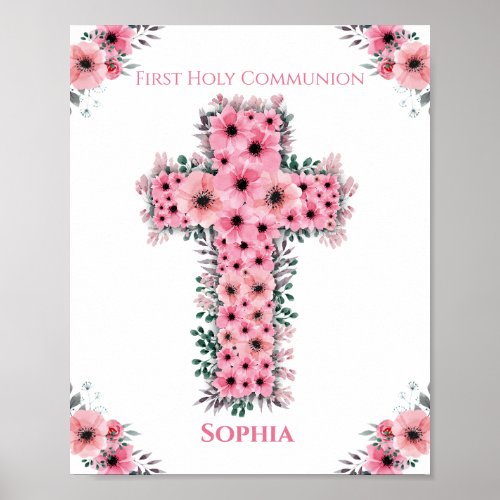 First Holy Communion Girl Pink Flower Cross Chic Poster