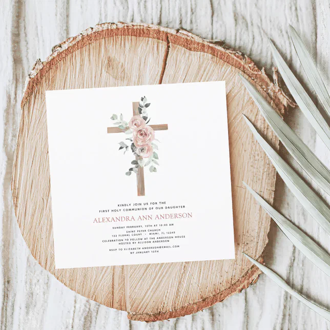 First Holy Communion Girl's Dusty Pink Rose Invitation | Zazzle