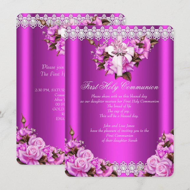 First Holy Communion Girls Hot Pink Pearl Lace Invitation (Front/Back)