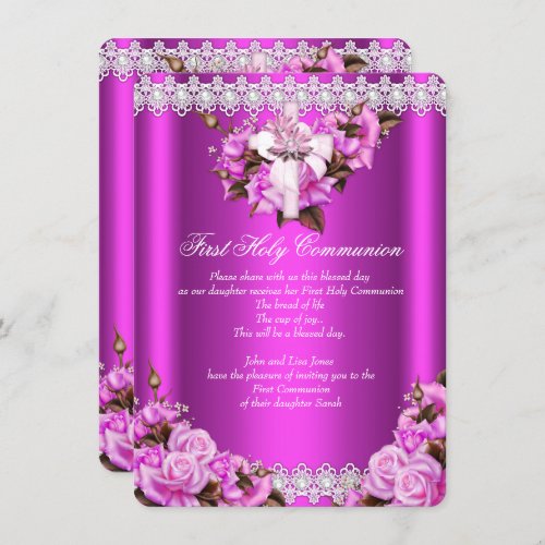 First Holy Communion Girls Hot Pink Pearl Lace Invitation