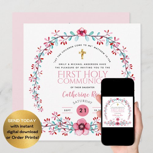 First Holy Communion Girls Pink Floral Invitations