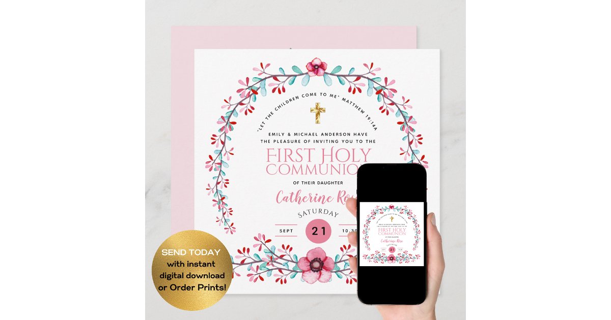 First Holy Communion Girls Pink Floral Invitations | Zazzle