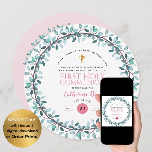 First Holy Communion Girls Pink Floral Invitations