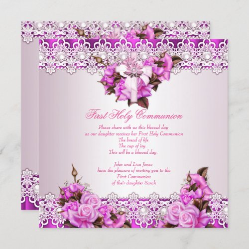 First Holy Communion Girls Pink Pearl Lace Floral Invitation