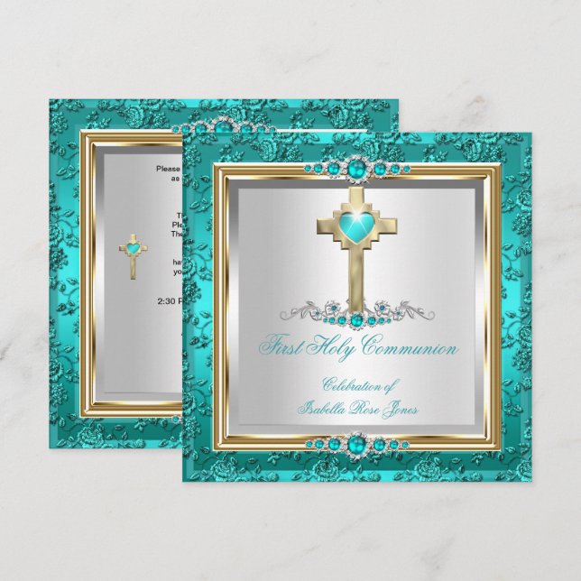 First Holy Communion Girls Teal Jade Pearl Rose Invitation (Front/Back)