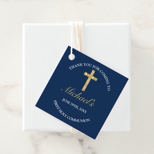 First Holy Communion Gold Cross Blue Favor Tags