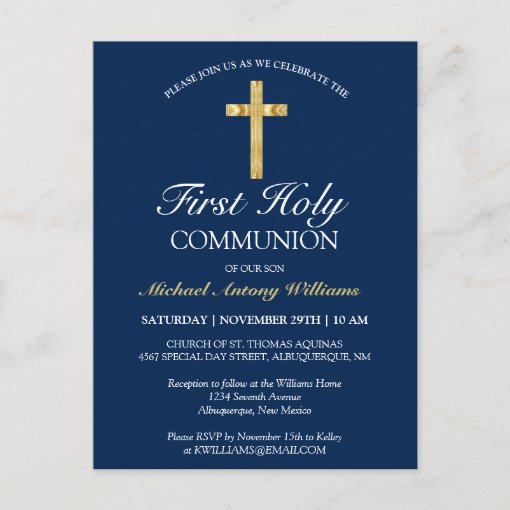 First Holy Communion Gold Cross Blue Invitation | Zazzle