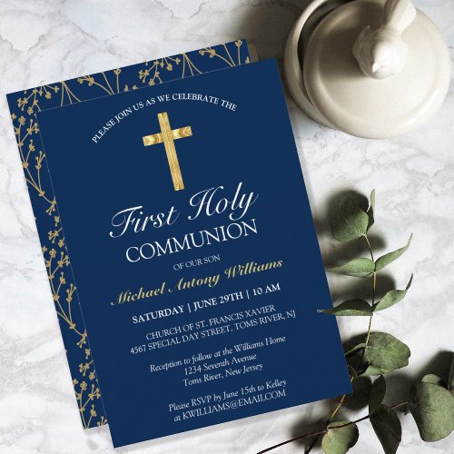 First Holy Communion Gold Cross Blue Invitation
