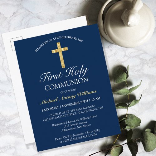 First Holy Communion Gold Cross Blue Invitation