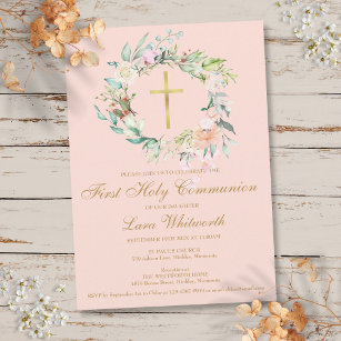 First Holy Communion Gold Cross Blush Pink Floral Invitation