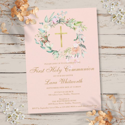 First Holy Communion Gold Cross Blush Pink Floral Invitation