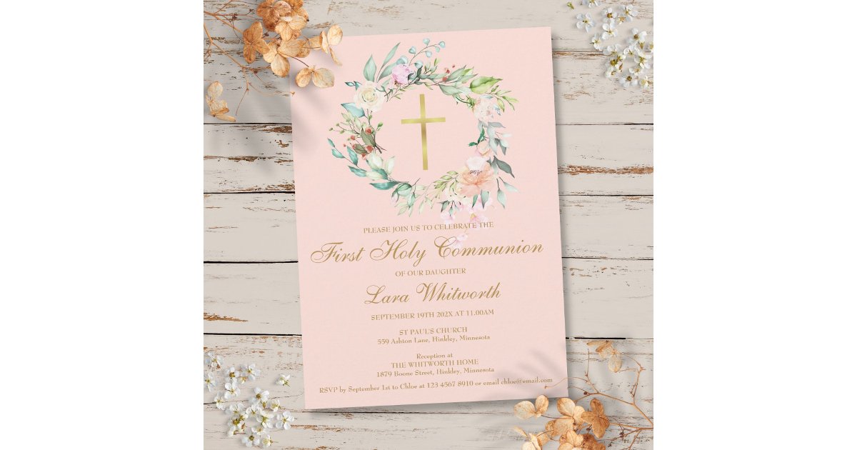 First Holy Communion Gold Cross Blush Pink Floral Invitation | Zazzle
