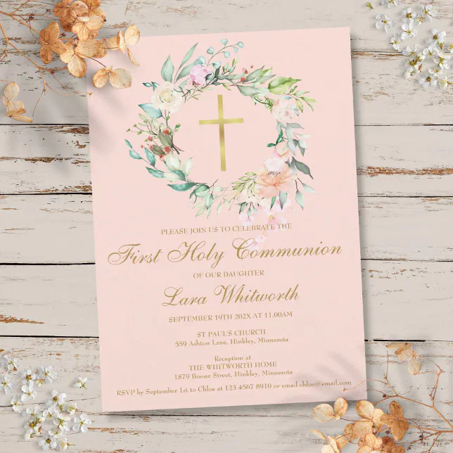 First Holy Communion Gold Cross Blush Pink Floral Invitation | Zazzle
