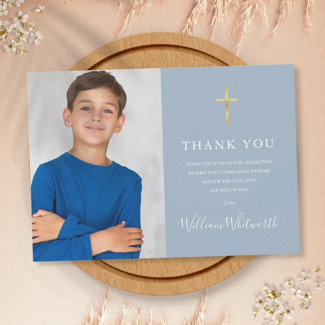 First Holy Communion Gold Cross Dusty Blue Photo  Thank You Card (Creator Uploaded)