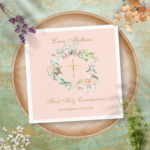 First Holy Communion Gold Cross Floral Blush Pink Napkins