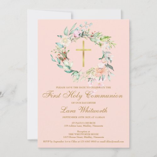 First Holy Communion Gold Cross Floral Blush Pink Save The Date