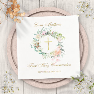 First Holy Communion Gold Cross Floral Garland Napkins