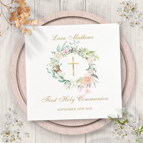 First Holy Communion Gold Cross Floral Garland  Napkins