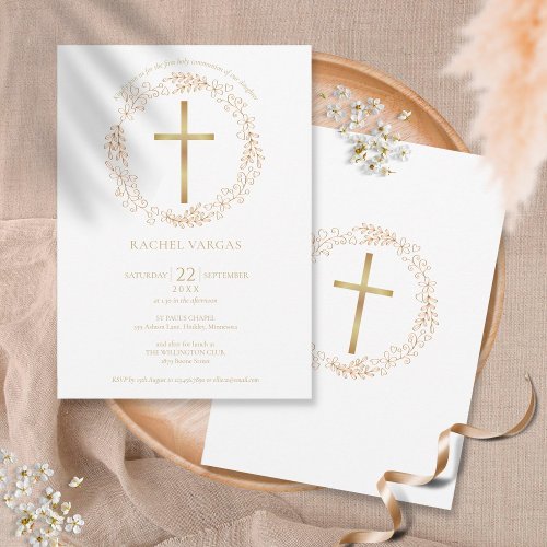 First Holy Communion Gold Cross Floral Invitation