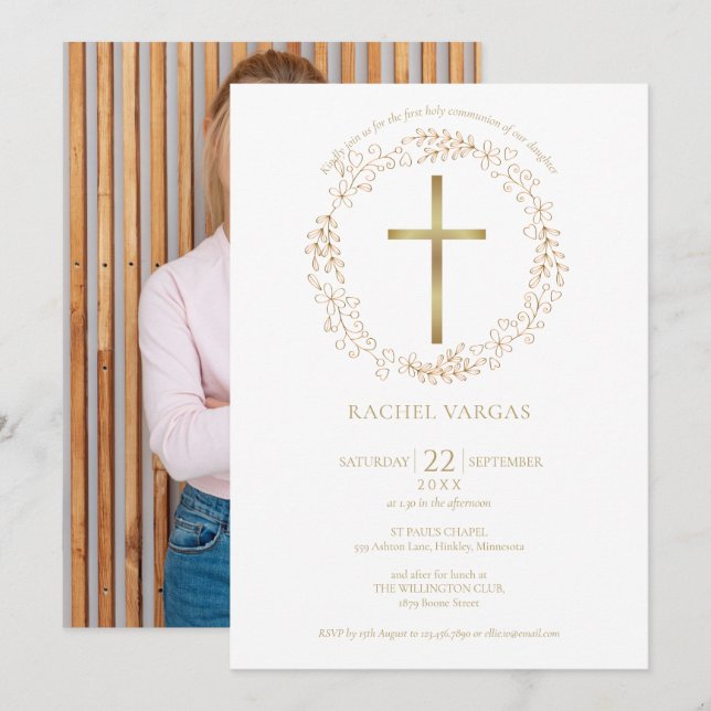 First Holy Communion Gold Cross Floral Photo Invitation (Front/Back)